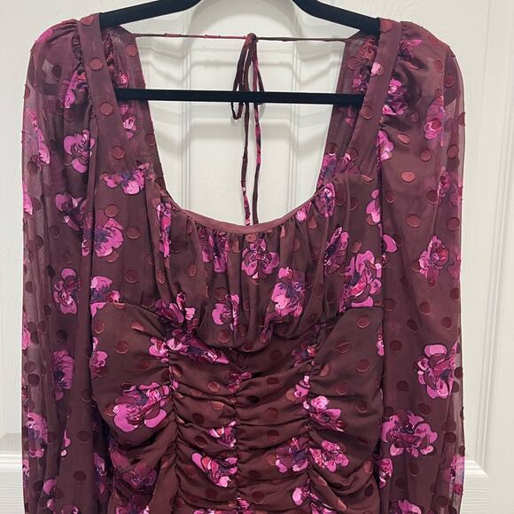 ASTR | Rosalee Floral Mini Dress Small Burgundy Ruched Long Sleeve Dark Romantic - Picture 5 of 16